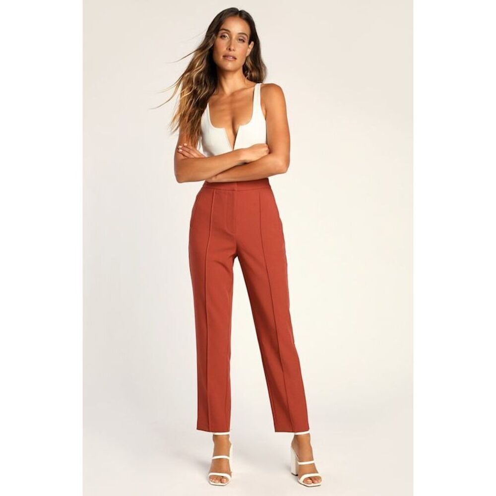 Lulus Chic Business Rust Red High-waisted Trouser Pants - Size M